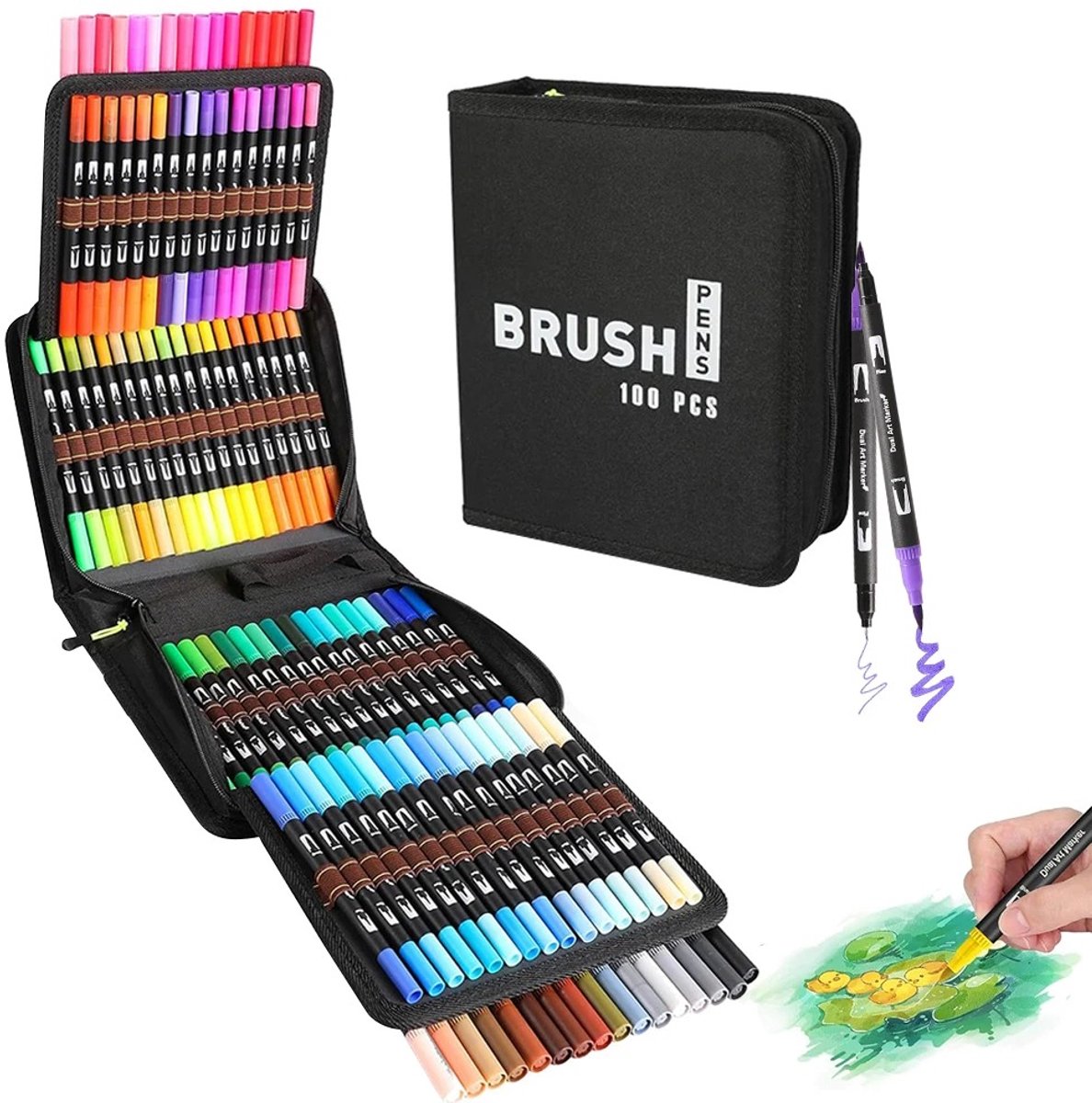 ITRONIQ Brush Pens 100 Kleuren - Dual Tip Markers Met Penseelpunt en 0,5 mm Fineliner - Creatief - Aquarel Stiften Met Opbergtas
