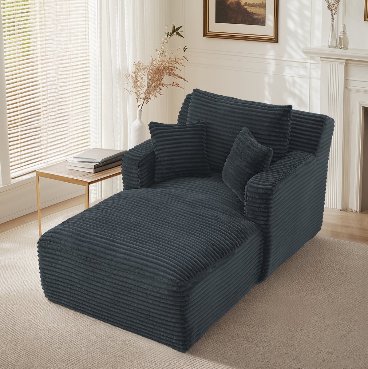 DESMIU Chaise Longue Sofa 1-Zits - Comfortabel Zonder Montage Met Armleuningen - Voor Woonkamer, Kantoor En Appartement - Ribstof - Donkergrijs