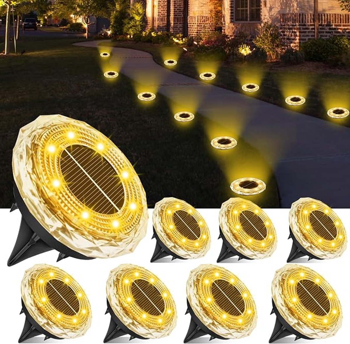 Solar Grondlampen Set 8 Stuks - LED Tuinverlichting Op Zonne-energie - Warm Wit Licht - 8 LED - Waterdichte Buitenverlichting Voor Gazon, Tuin, Oprit, Pad En Terras