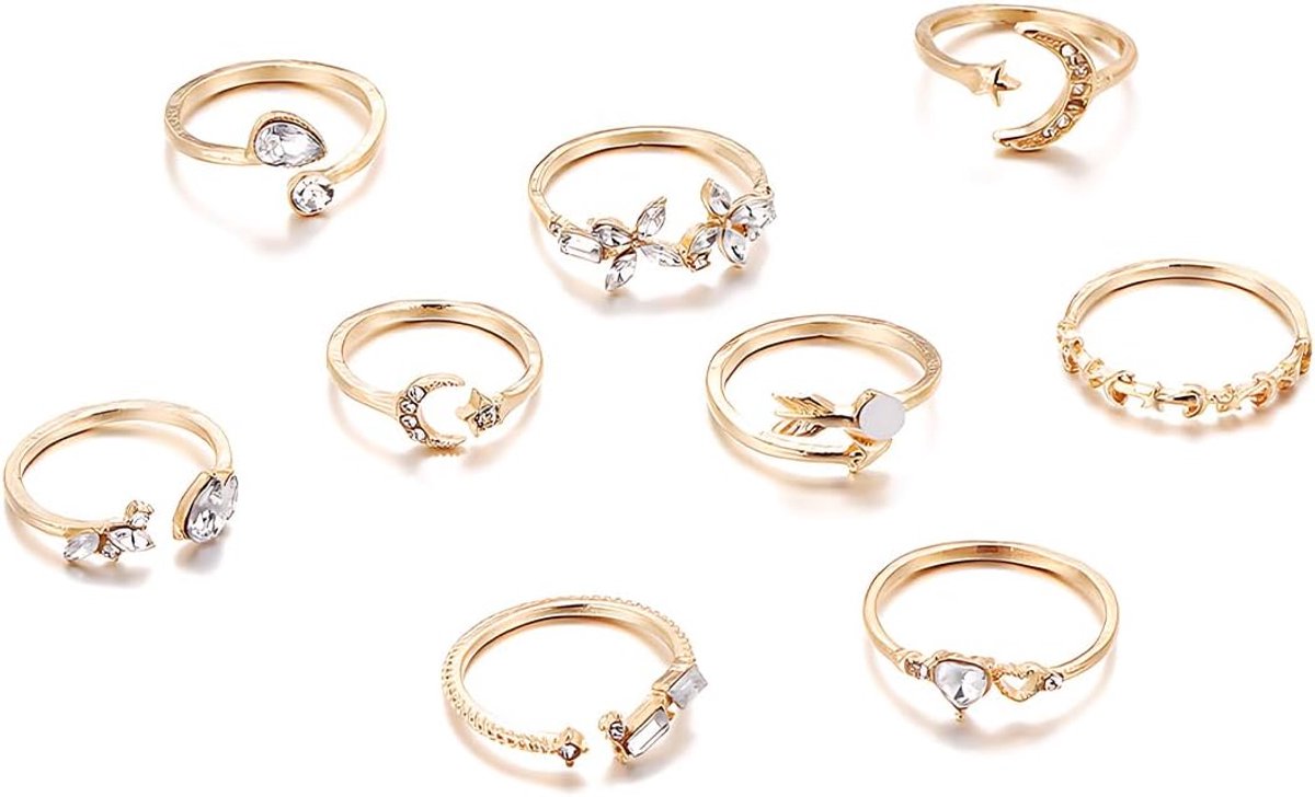 Ankerringen set 9 stuks - vintage bohemian - hart vlinder ster maan - perfect voor stacking - ShopVlot