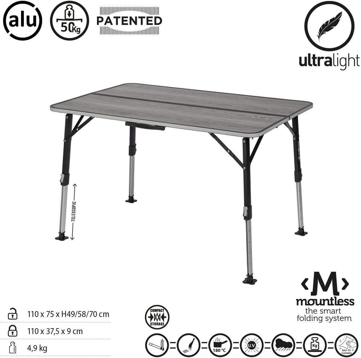 Brunner ELÙ Duplit NG - Campingtafel 110 x 75 x 49/70 cm