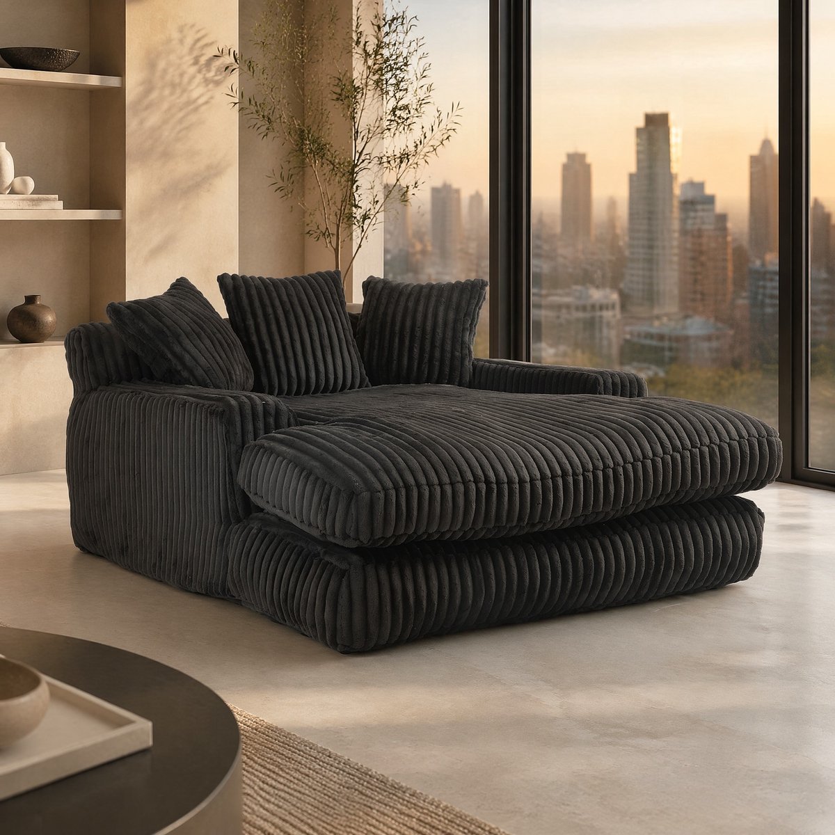 MEUNIQ chaise longue van ribstof 125 x 155 x 63 cm met 3 kussens, 1-zits loungesofa zonder montage voor woonkamer, slaapkamer of kantoor, zwart