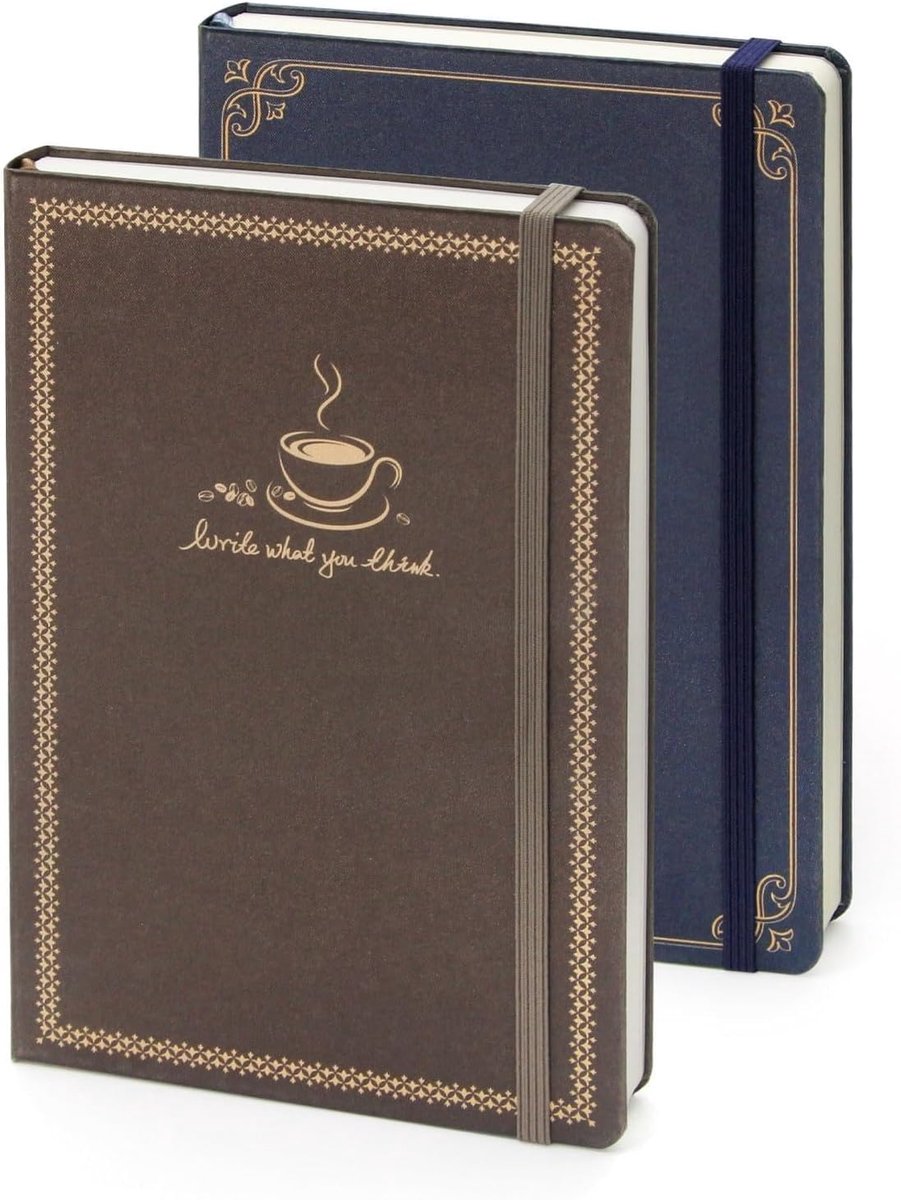 A5 notitieboek hardcover - gevoerd met elastische band - Quill & Coffee design - perfect voor school en werk - ShopVlot