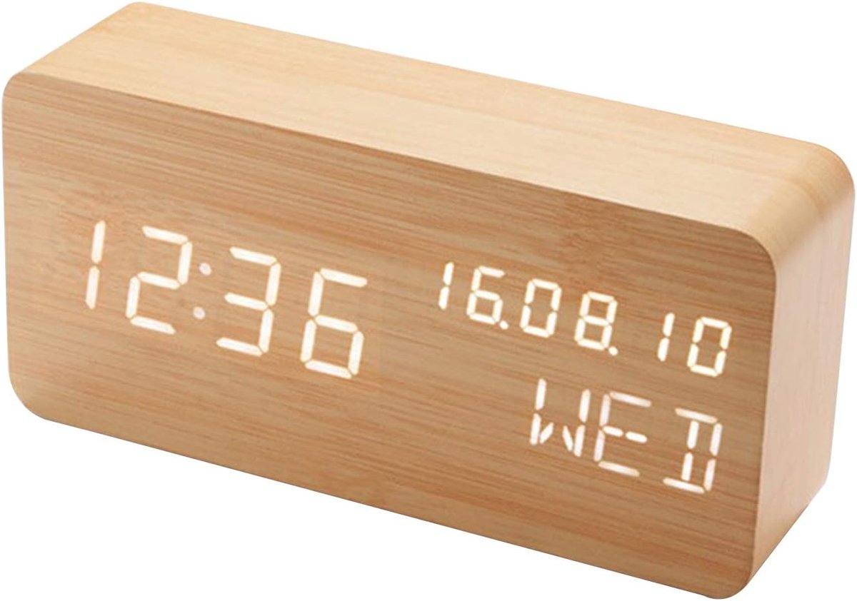 Digitale LED Alarmklok - Houten Reiswecker - Stemcontrole - Multifunctionele klok met temperatuur en datum - ShopVlot