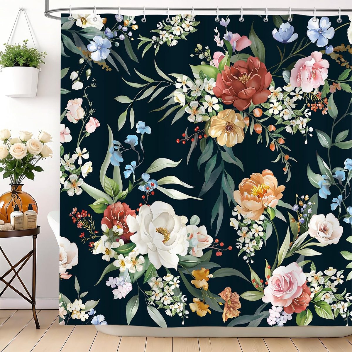 Douchegordijn 180 x 200 cm - Boho Retro met waterverf bloemen - Waterdicht polyester - Makkelijk te installeren - ShopVlot