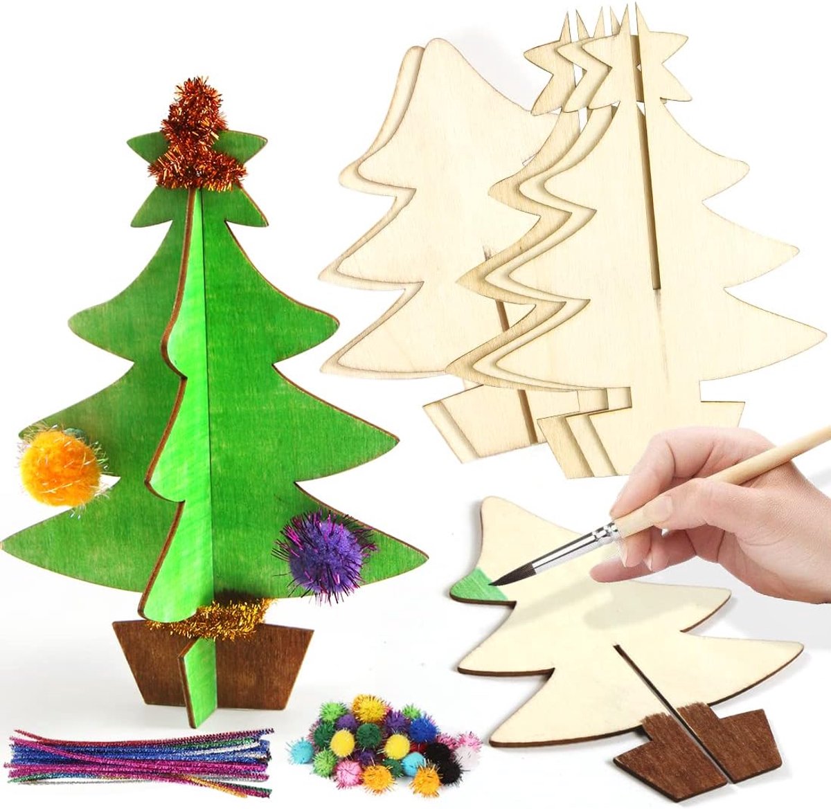 Houten kerstboom ornamenten 10 stuks - 3D decoratie - creatief DIY voor kinderen - ShopVlot