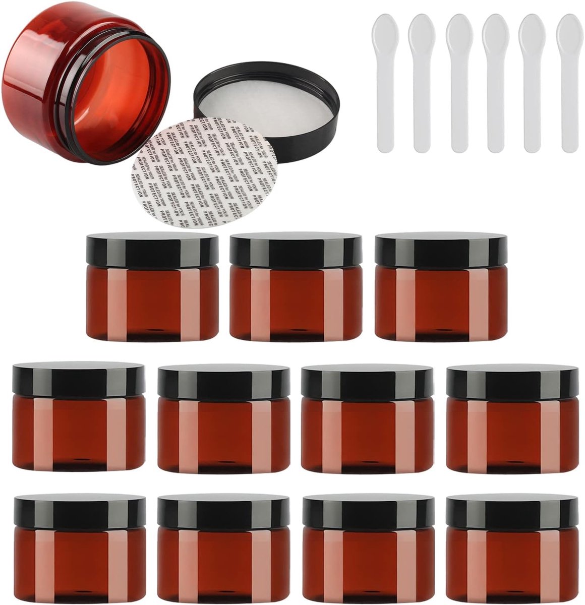 Cosmetische potjes 150ml - 12 stuks met zwarte schroefdeksel - inclusief 6 spatels - ShopVlot