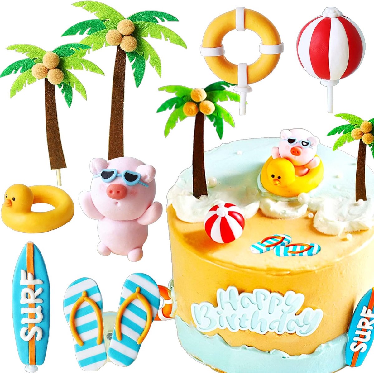 Verjaardagstaartdecoratie surf - kleurrijk - golven en surfplank - onvergetelijke verjaardag - ShopVlot