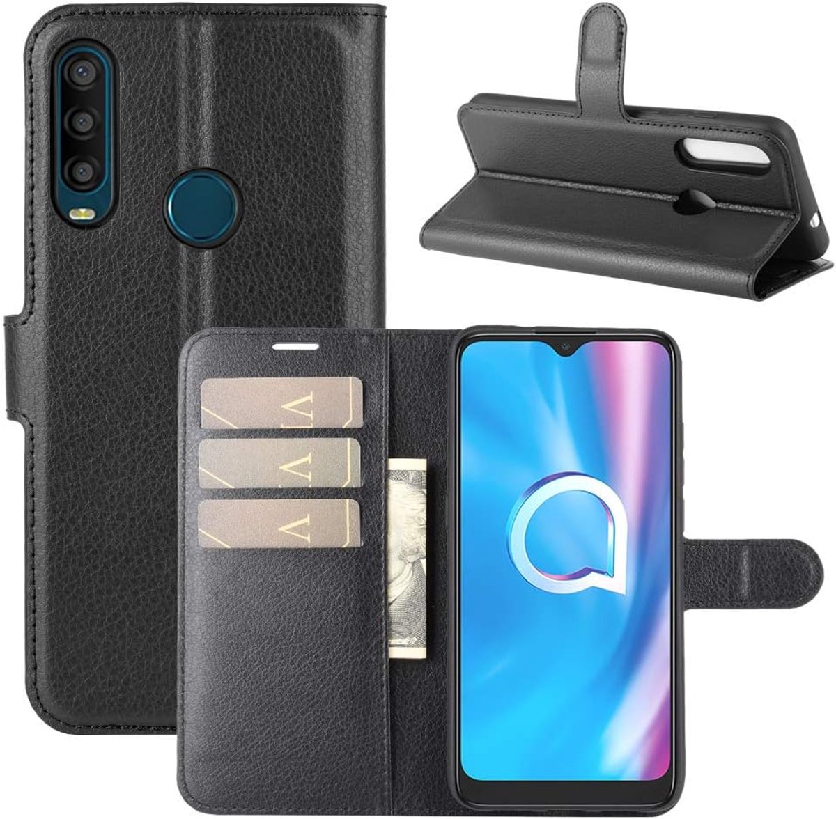 Telefoonhoes Alcatel 1SE 2020 - Premium leren portemonnee - Flip folio cover - Met kickstand en kaarthouder - ShopVlot