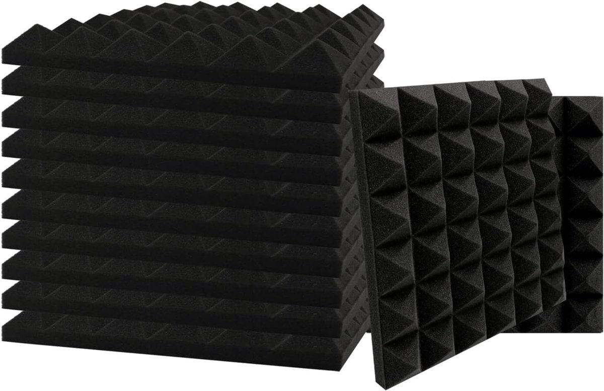 Geluiddempende schuimpanelen 12PCS - 30x30x5 cm - Zwart - Verminder echo en galm - ShopVlot