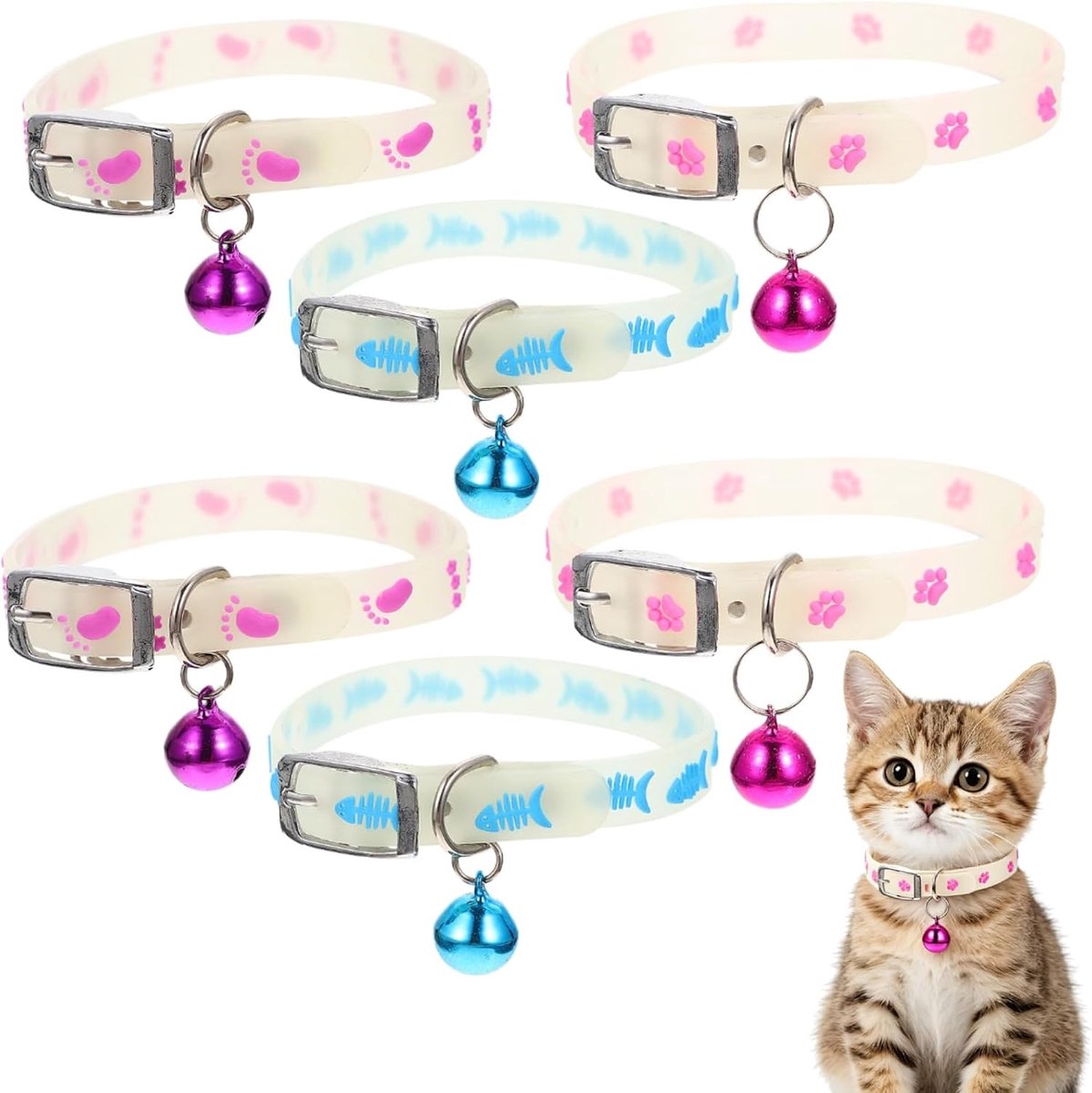 Huisdierbenodigdheden - Gloeiende Kattenhalsbanden - 6 Stuks Met Belletjes - Zacht Silicone Lichtopvangsband - Fluorescerend Ornament voor Kleine Huisdieren - Verstelbaar 19-26 cm - Geschikt voor Honden en Katten - Veilig en Comfortabel