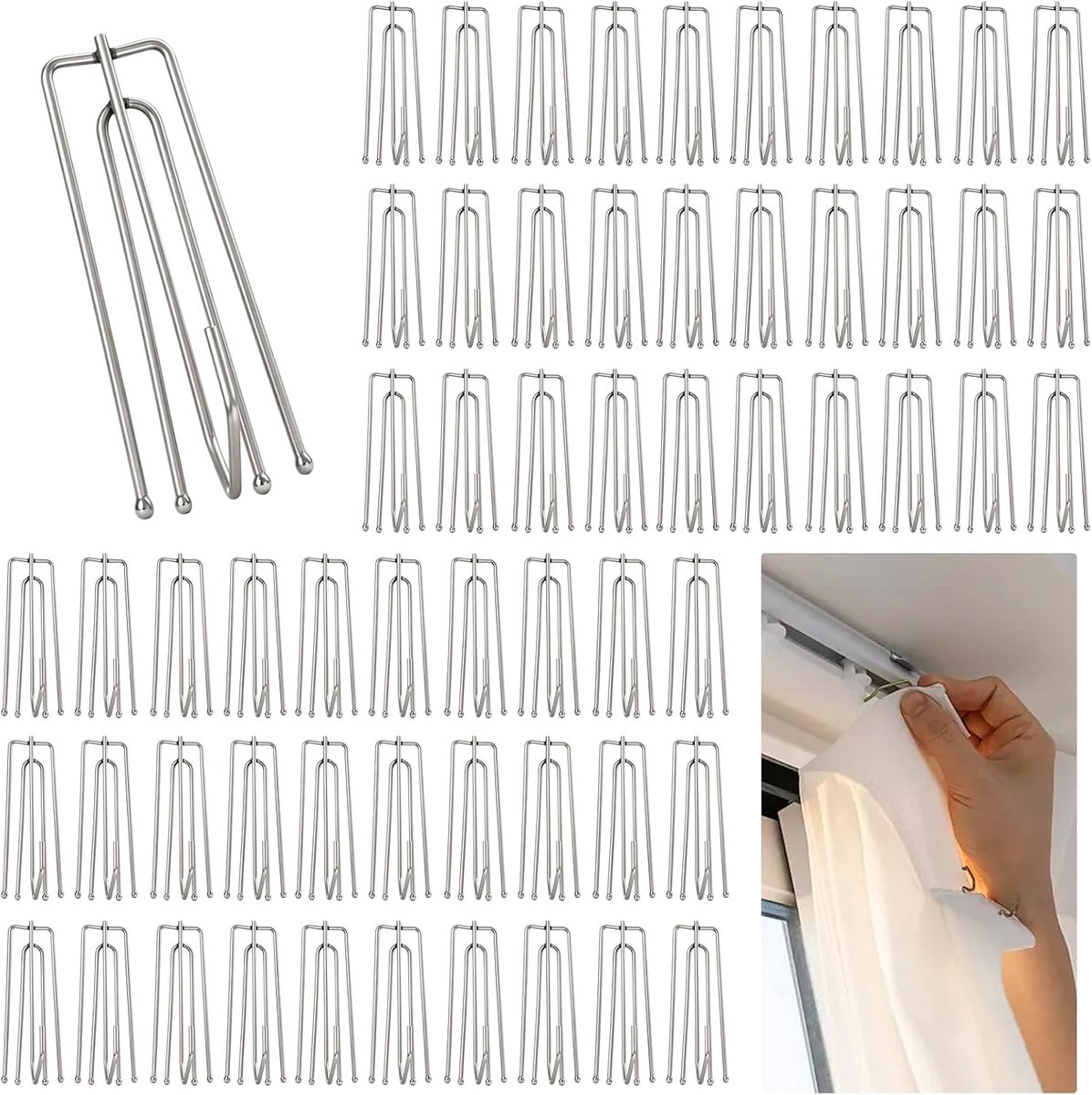 Gordijnhaken 60 Stuks - Roestvrijstaal - 4 Pinnen - Perfect voor Plooigordijnen - SnelShoppen