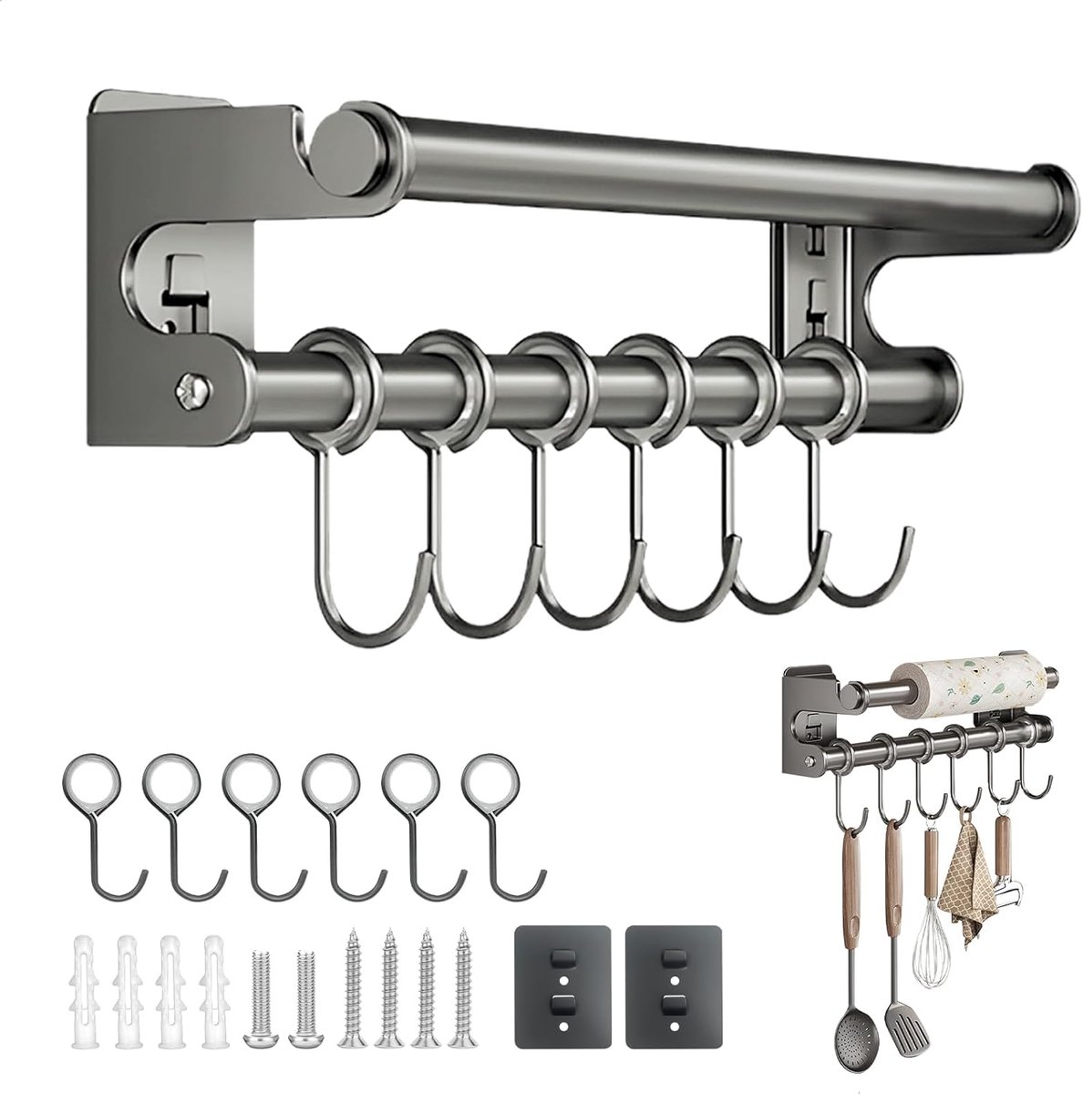 Keukenrolhouder 30 cm - Staal - Met 6 haken - Ideaal voor het ophangen van keukengerei - SnelShoppen