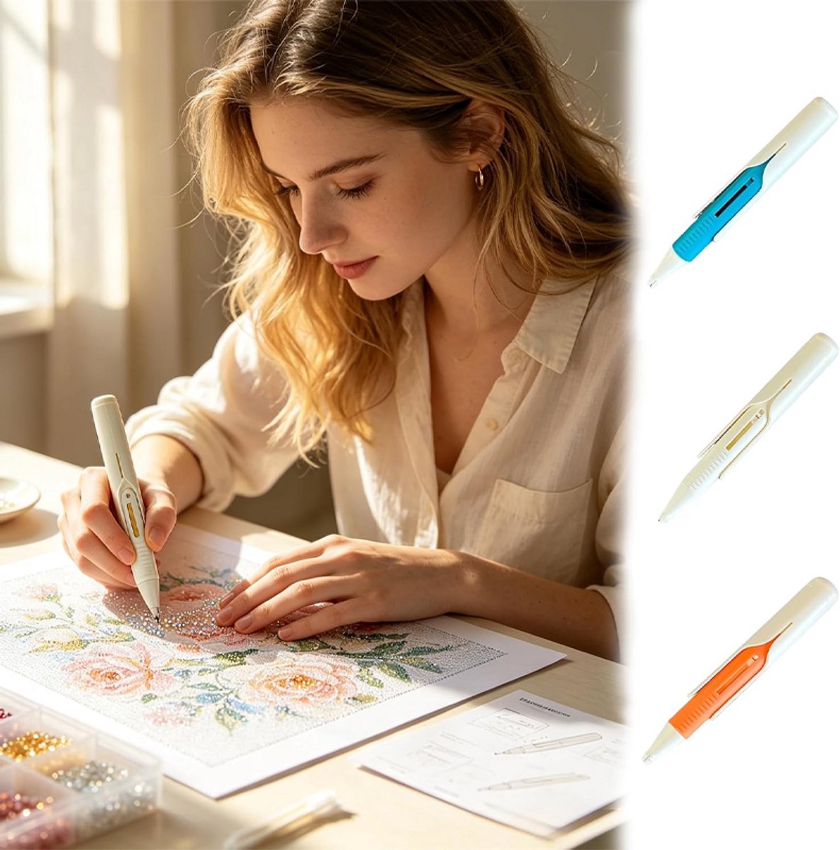 Boorstempelpennen - Set van 3 - Automatische boorstempelpennen - Zelfladend - Automatische boorpennen - Boorschilderen - Veerbelaste punt - Telescopisch ontwerp - 14,5*1,8 cm - Wit+Oranje+Blauw