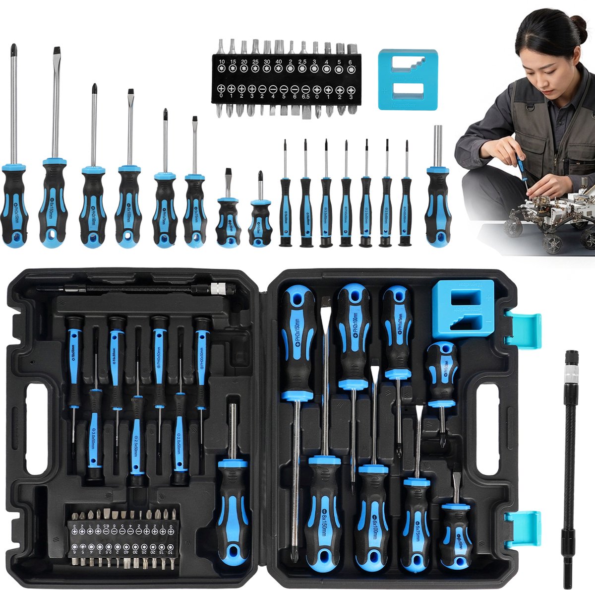 43-delige Schroevendraaierset - Precisie Gereedschapsset - 6150 Chroom-vanadiumstaal - Voor 5 Schroeftypen - Magnetiseer- en Demagnetiseerfunctie - Flexibele Verlengas met Opbergkoffer - Voor Elektronica, Computers, Horloges en Sieraden