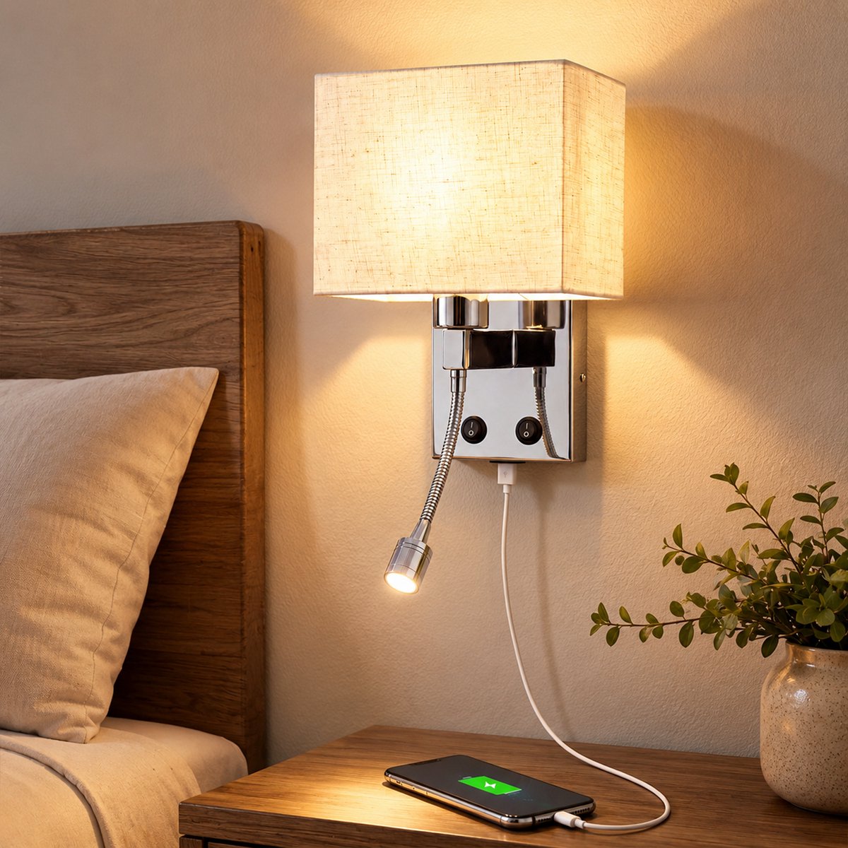 NETTLIFE LED Wandlamp met USB-Oplader & 2W Leeslamp - Met Stoffen Kap | E27 | Incl. Schakelaar | Moderne Bedlamp voor Slaapkamer & Hotel - Zonder Lampen