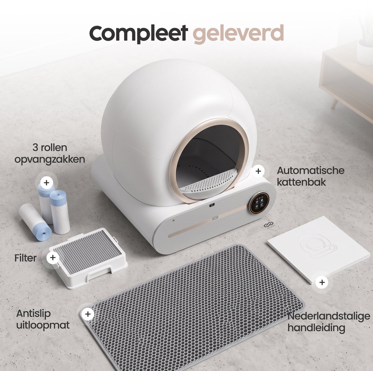 Infinity Goods Automatische Kattenbak XXL - Zelfreinigende Kattenbak - Incl. App - 75L - Met Kattenbakmat en 3 Rollen Opbergzakjes - Wit/Roségoud thumbnail 8