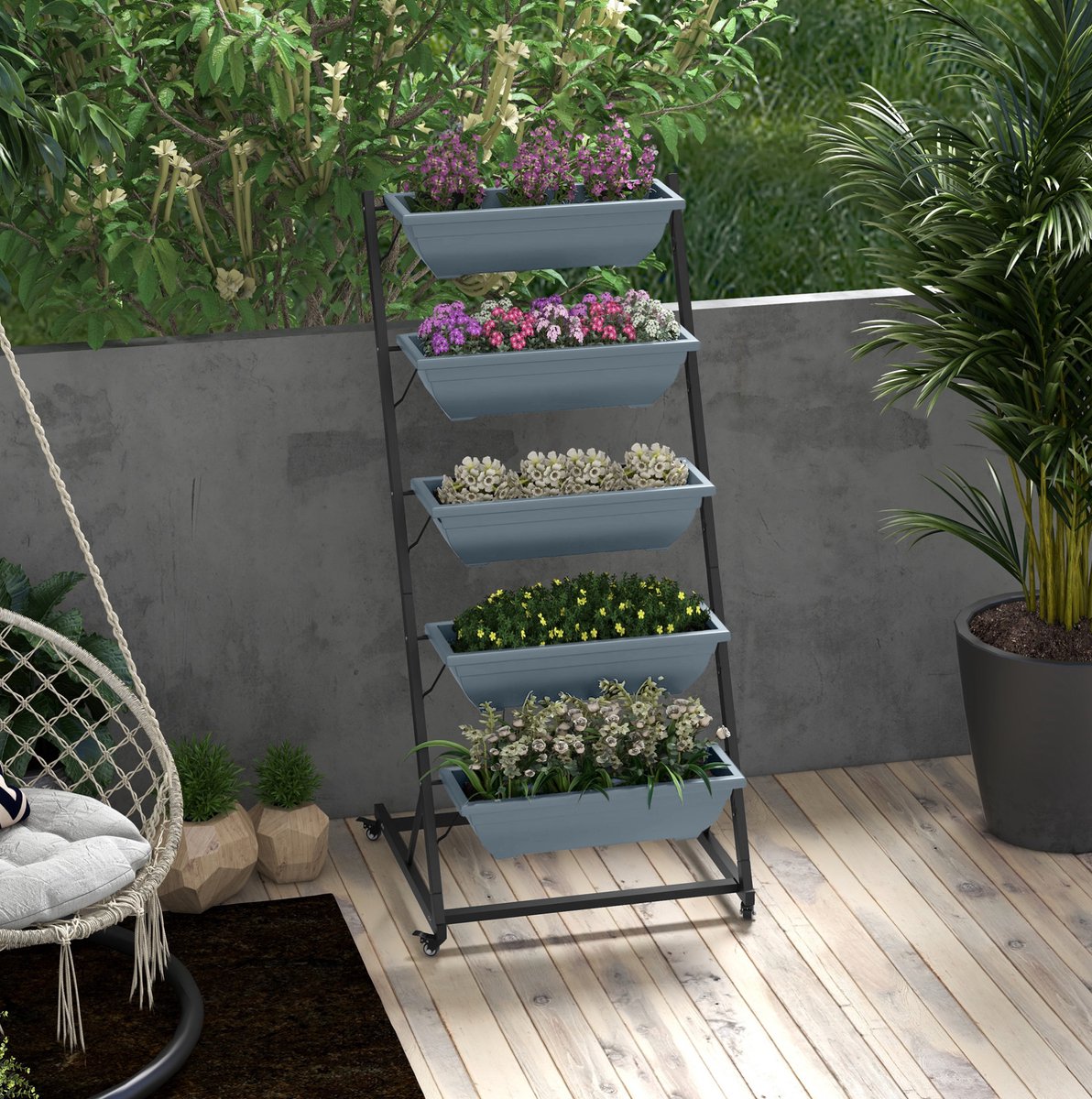 MIVRAY Plantenstandaard Met Wielen En 5 Etages - 65 x 67 x 145 cm - Staal - Grijs - Voor Binnen En Buiten - Met Drainagegaten