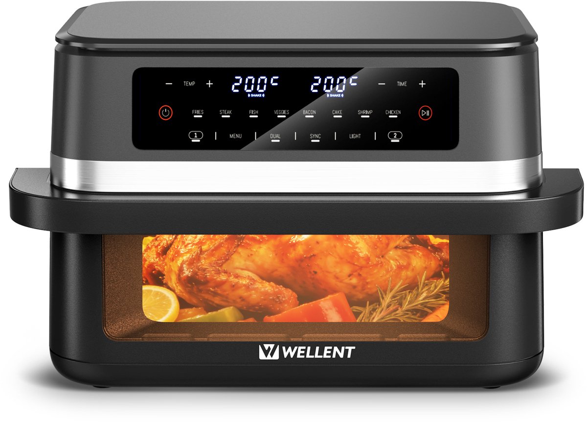 Dubbele Airfryer - 2x 6L / 12 liter - 2 manden - Airfryer XXL - Touchscreen - Kijkvenster - 8 programma's - 2950W