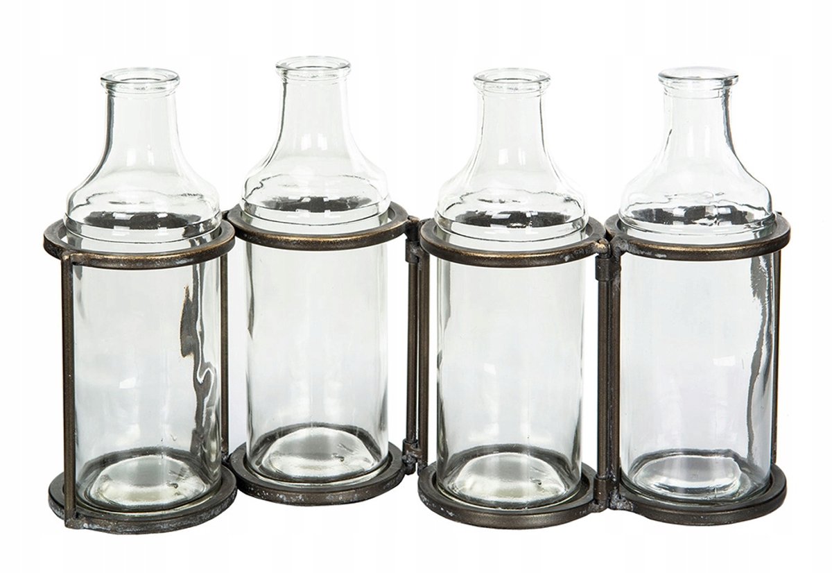 Retro Metalen Vaas met 4 Glazen Flassen - 36x12cm