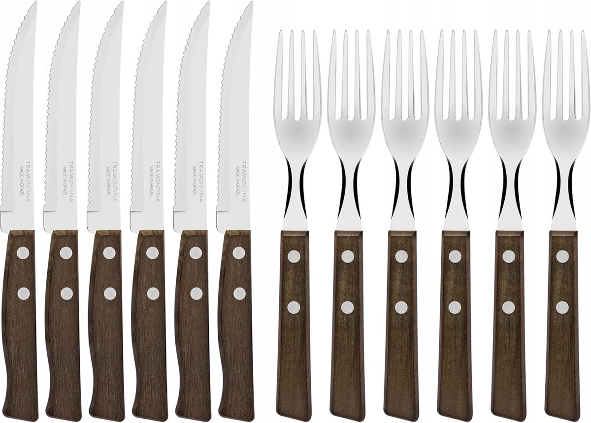 Steakbestek Set 12 Delen Houten Handvatten voor 6 Personen