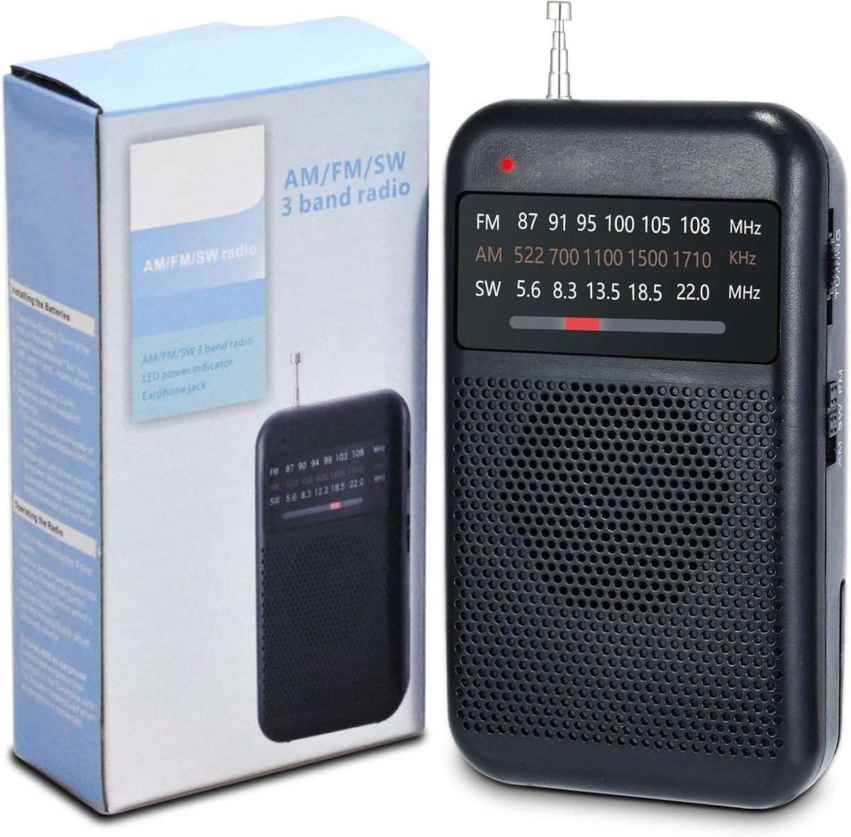 SnelShoppen - Portable AM/FM/SW Mini Radio - Draagbare Batterij Radio met Uitstekende Ontvangst, Hoofdtelefoonaansluiting - Ideaal voor Buiten, Binnen