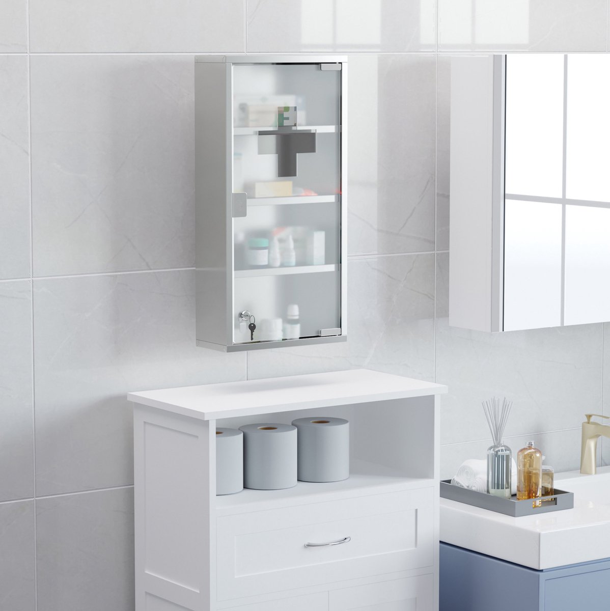 STILVORA Medische Kast - Afsluitbare Wandkast Met Gematteerd Veiligheidsglas - Voor Badkamer En Eerste Hulp - Zilver - 30 x 12 x 60 cm