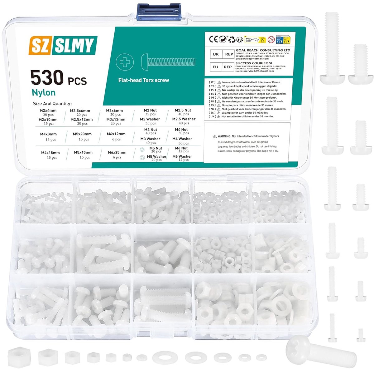 Nylon Plastic Schroeven Set 530Pcs - M2/M2.5/M3/M4/M5/M6 - Hex Moeren en Ringen - Duurzaam en Corrosiebestendig - SnelShoppen