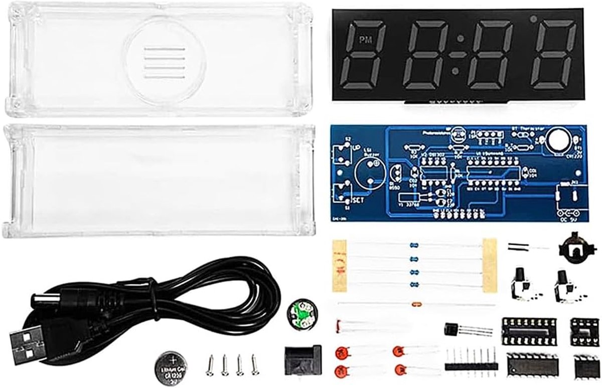 LED digitale alarmklok kit - 4 witte cijfers - tijd/temperatuur/datumsweergave - perfect voor beginners - SnelShoppen