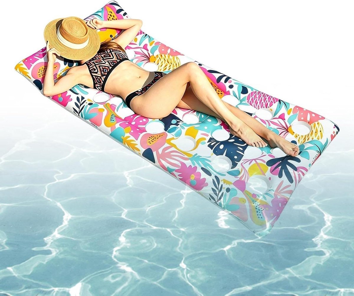 Opblaasbaar Zwembadbed - Ligbed Vlotter - Ontspannen op water - Tropische bladprint - 168x90 cm - Multicolor