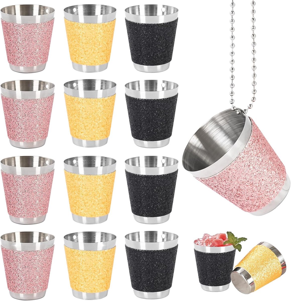 Shotglazen 30ml - Goud, Roze, Zwart RVS - Hangend met ketting - Perfect voor feesten - SnelShoppen