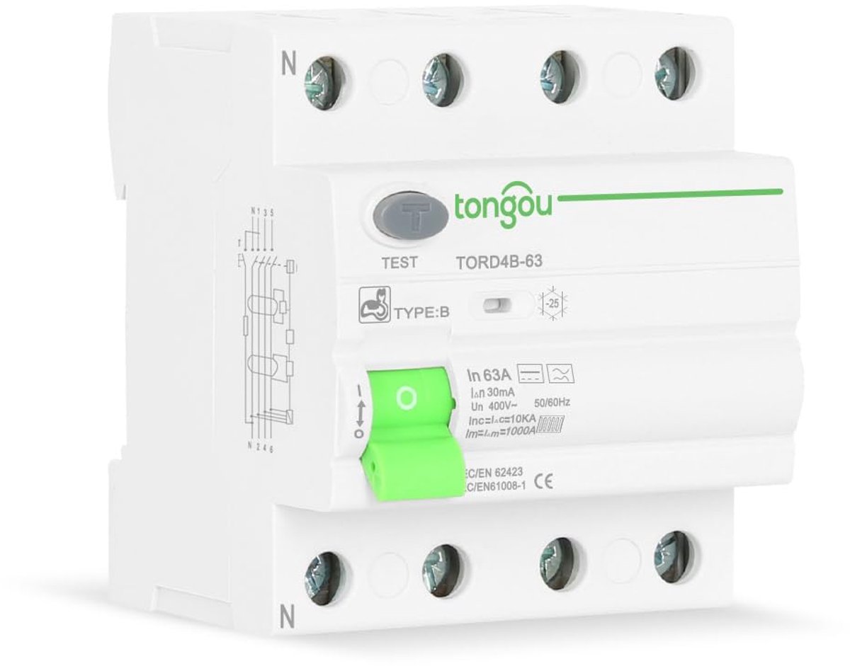FI Safety Switch Type B AC/DC / 63 A - 30 mA / 4 Pole / 10KA / 400V / Charger Electric Car / Earth Circuit Breaker - ShopVlot