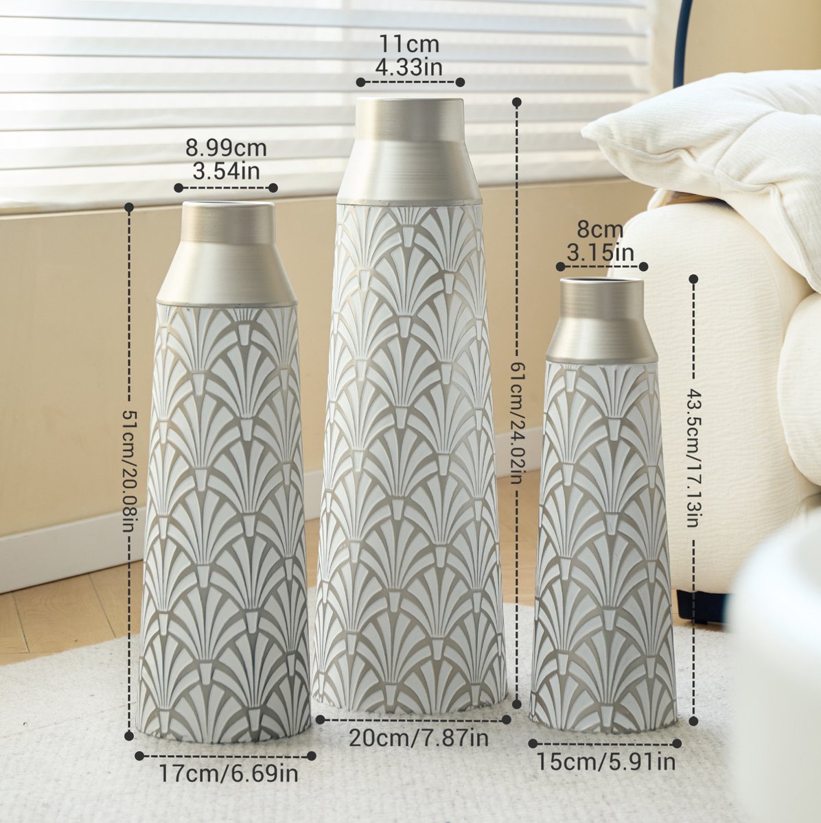 Vaas 3 Delige Set – Reliëf Motief – 43,5 51 61 Cm – Metaal – Zilver – Decoratie Voor Woonkamer Hal En Entree