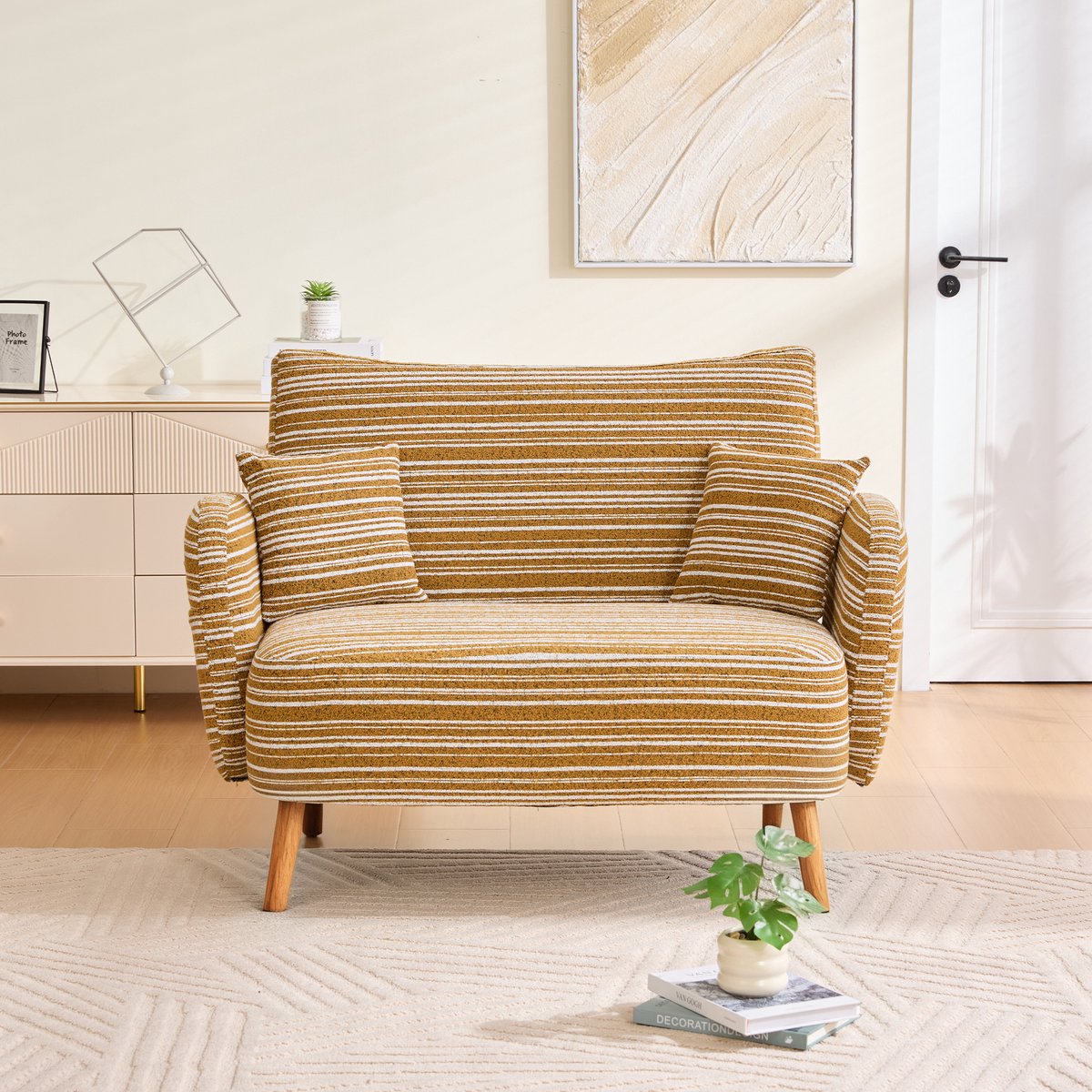 MEUNIQ 2-zitsbank 121 x 81,5 x 87 cm in geel bouclé, met armleuningen, zachte zitting en opbergzakjes voor woonkamer, slaapkamer of werkkamer