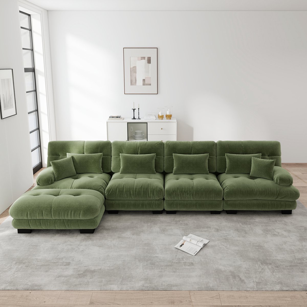 MEUNIQ Modulaire hoekbank 4-zits 406 x 145 x 81 cm met beweegbare ottoman, diepe zitting en zachte chenille voor de woonkamer, groen