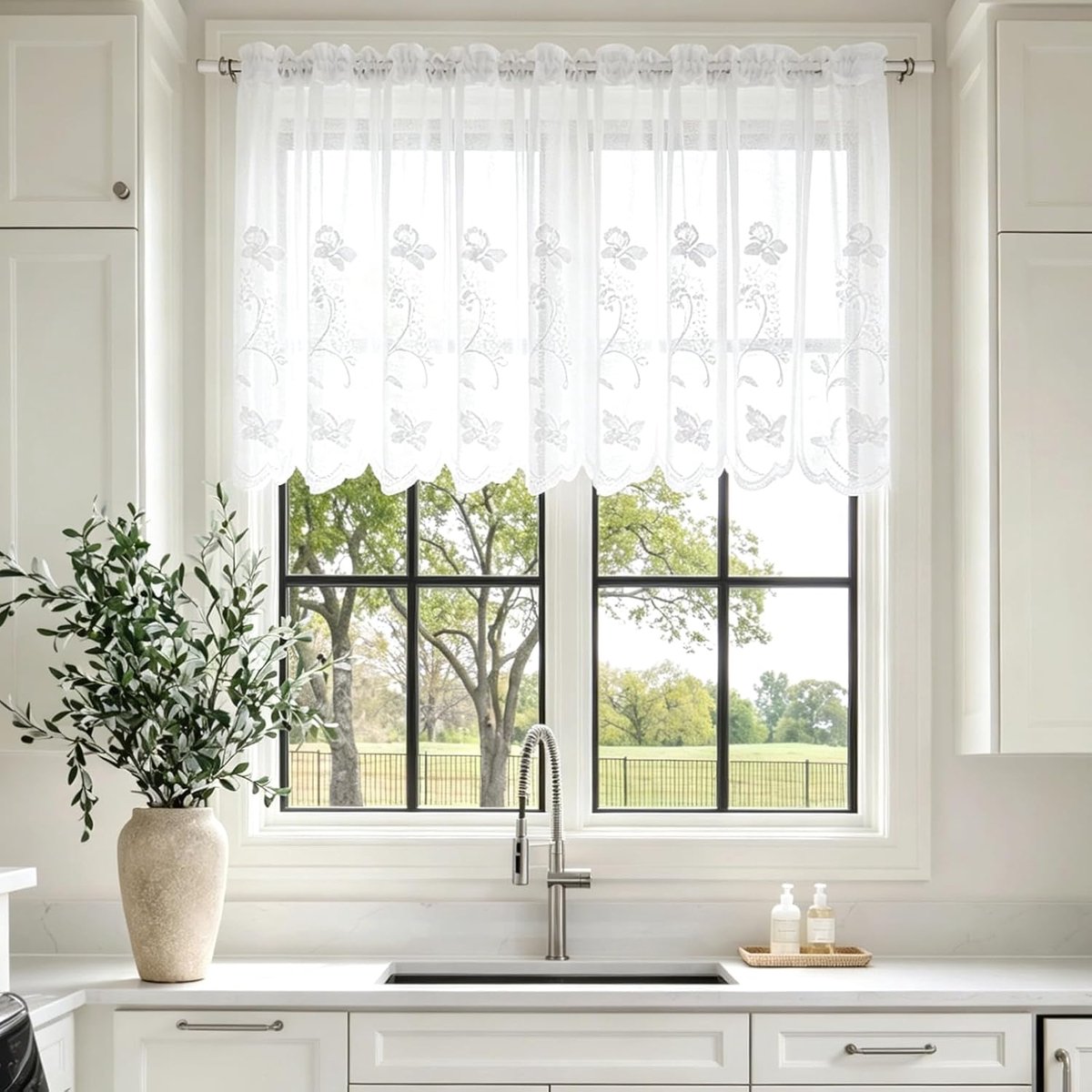 Transparante gordijnen set van 4 - 130x45cm - geborduurd - ideaal voor keuken of badkamer - SnelShoppen