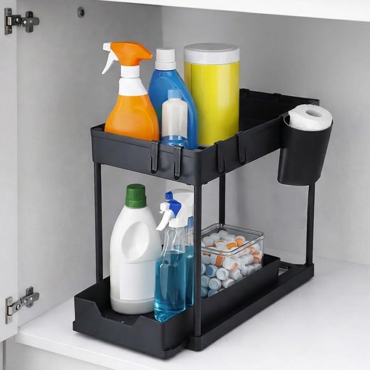 Keukenopbergrek - Opbergrek onder de gootsteen - Opbergrek - Multifunctioneel voor keuken en badkamer - Geperforeerd opbergrek - Zwart