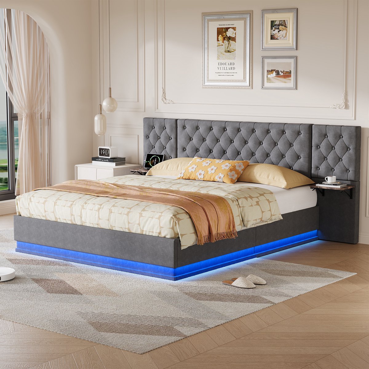 Opbergbed 140x200 cm - Gestoffeerd tweepersoonsbed met hydraulische bedbodem, breed hoofdbord en zijvakken, linnen stof, grijs, zonder matras