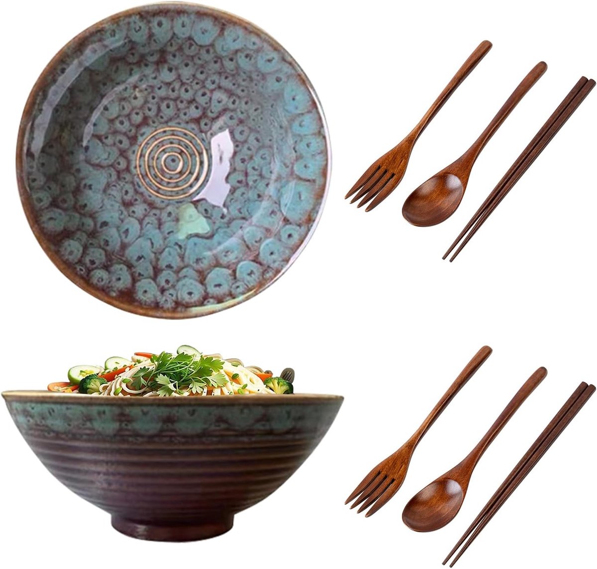 Soepbowl set 1200ml - keramisch - met eetstokjes en lepels - perfect voor ramen - SnelShoppen