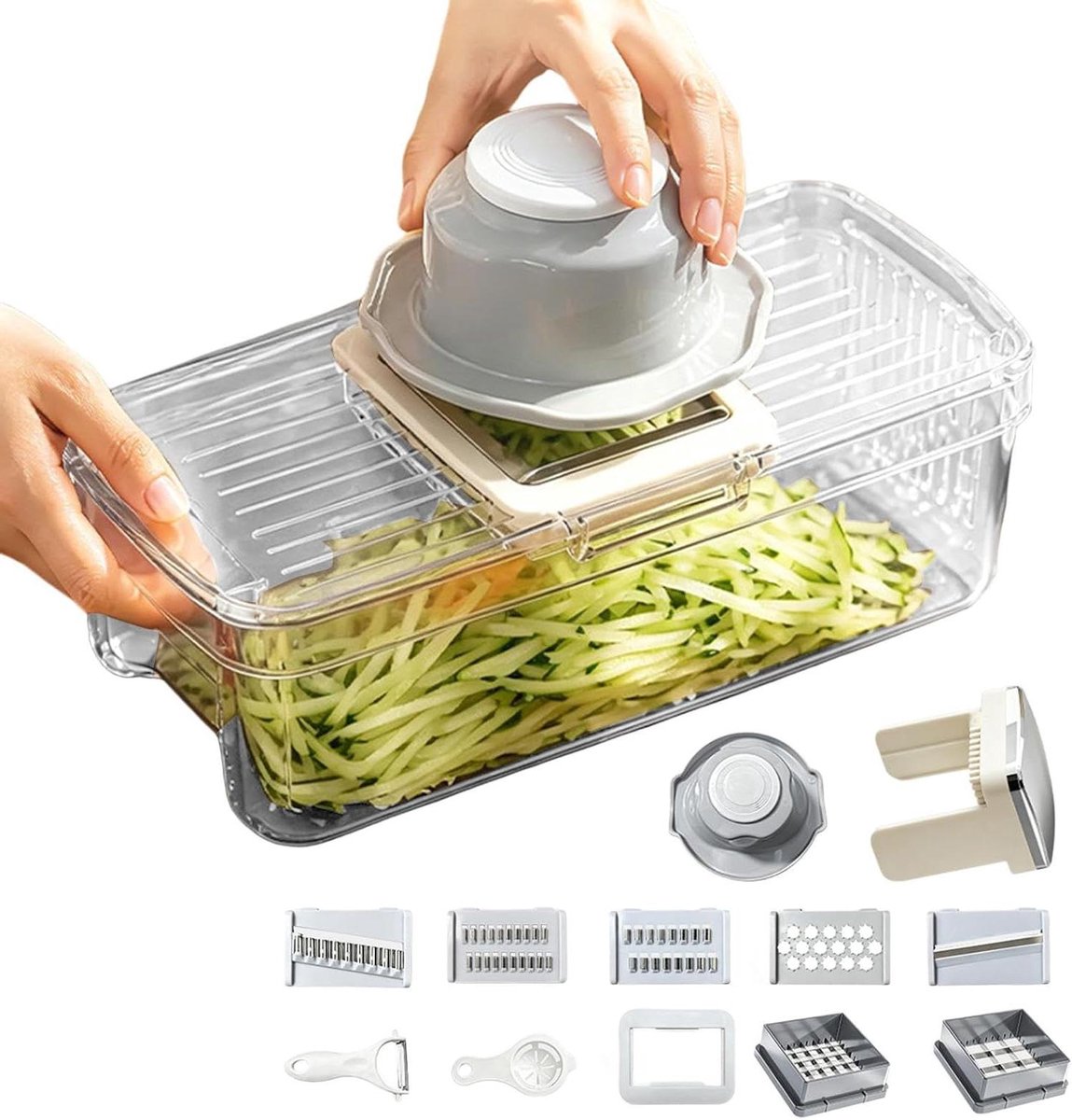 Groentehakker met Bak - Keuken Snijmachine - Maaltijd Voorbereiden - Inclusief Afvoermand - 30 x 15 x 10 cm - Transparant