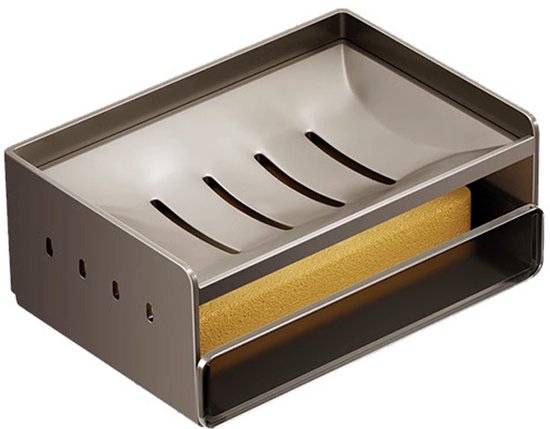 Porte-savon gris foncé avec fentes pour le drainage et une éponge jaune en dessous.