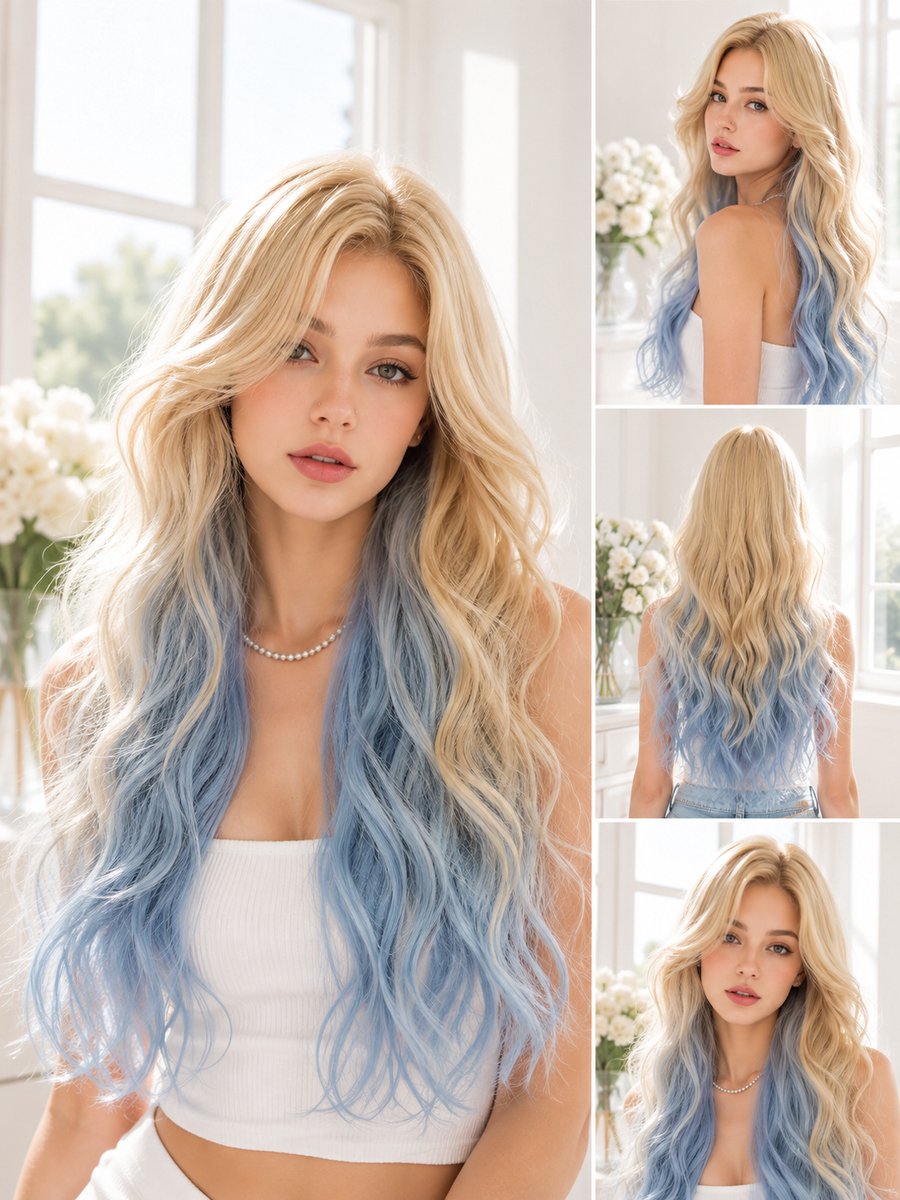 Pro Care Excellent Quality® Dames Pruik Blond Blauw Ombre – Lang Golvend Haar – Wasbaar - Hittebestendig tot 150°C – Lichtgewicht - 63 cm