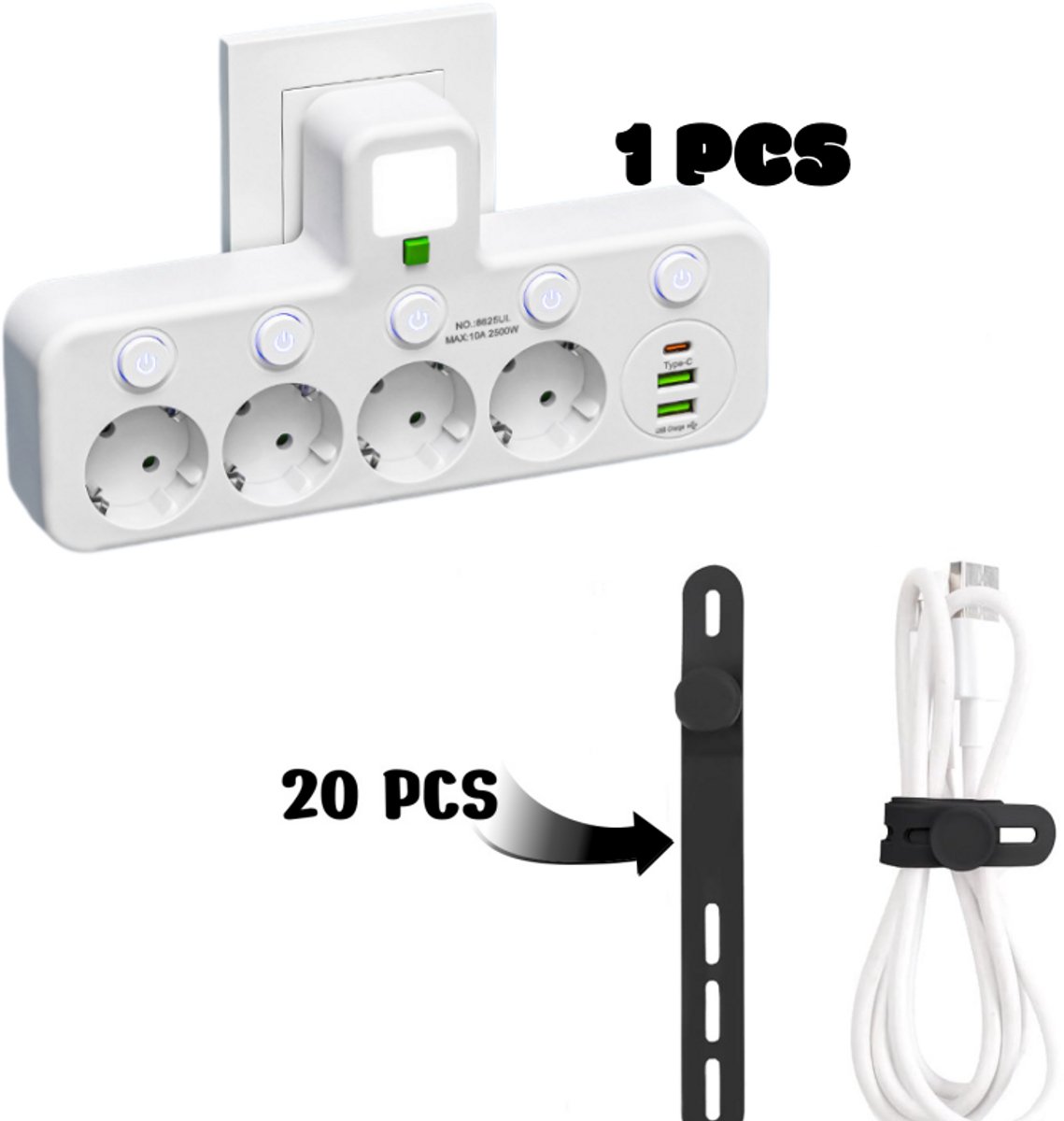 Namajunas - Europese stekker adapter - Inclusief 20 gratis zwarte siliconen kabelbindertjes voor oplaadkabel - Met 4 stopcontacten, 2 USB-poorten en 1 Type-C-poort - Reis elektriciteit adapter - Reisstekker - Draagbare stekkerdoos
