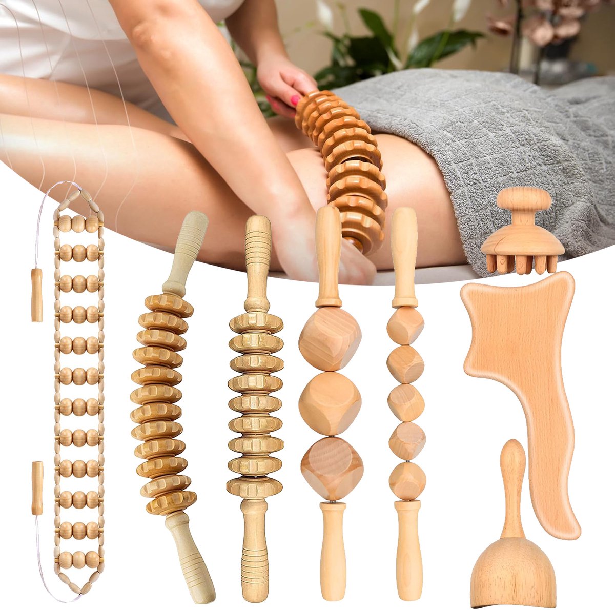8-in-1 Houten Massagehulpmiddelen - Gua Sha Houten Massageapparaat - Lichaamsvormend Massagehulpmiddel - Lymfedrainagemassageapparaat