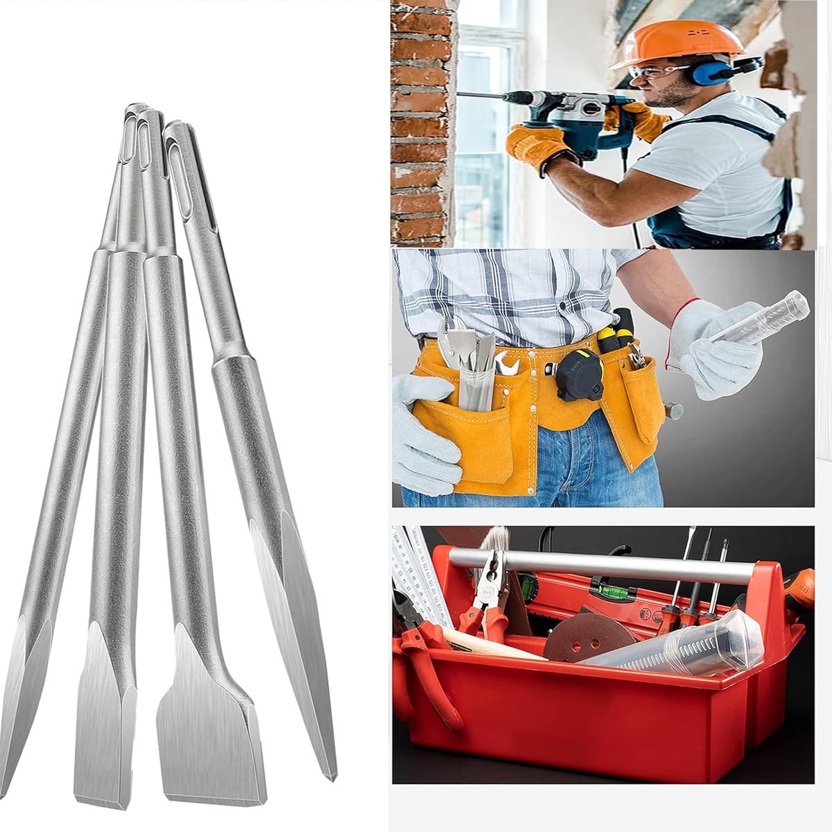 6 stuks SDS Plus beitelset, tegelbeitel (2 x platte beitel, 2 x brede beitel, 2 x puntbeitel), spatbeitel, boorhamer, beitelset voor beton, metselwerk, tegels, tegellijm, natuursteen
