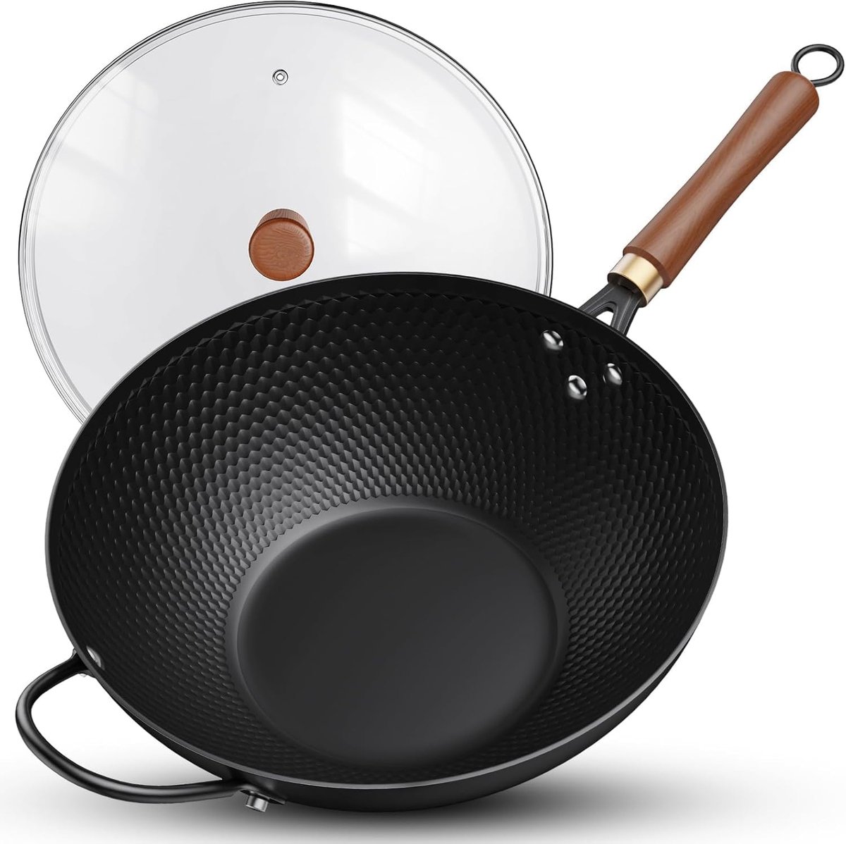 33 cm wokpan met deksel, gehard koolstofstaal Wokken & wokpannen, chemievrije coating, houten en stalen handgrepen, vlakke bodem, wok voor inductiekookplaat, elektrisch, gas