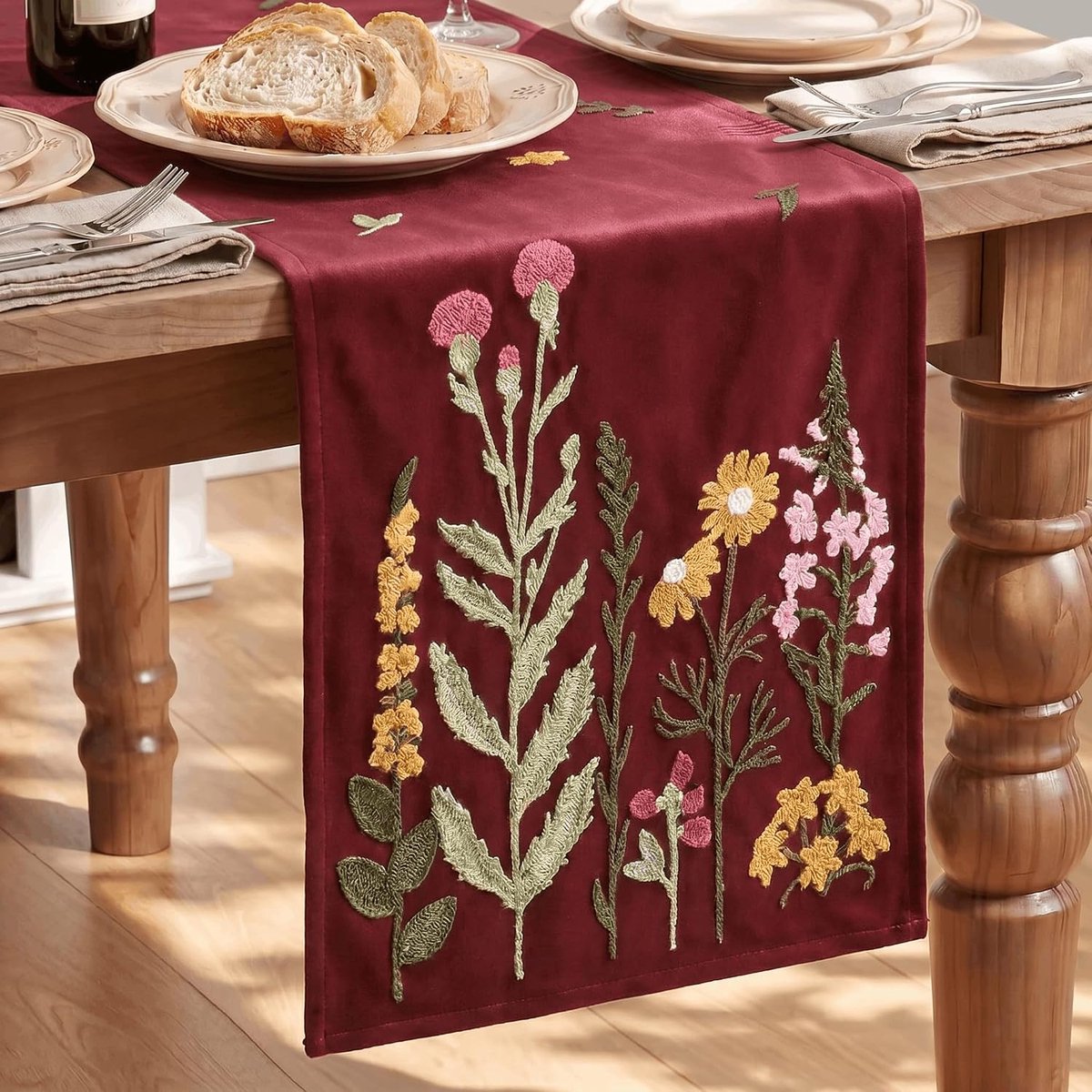 Mode Rode zachte kettingborduurwerk wilde bloemen Kerstmis tafelloper 33 x 183 cm, huis woonkamer tafel decoratie binnen vakantie party decor
