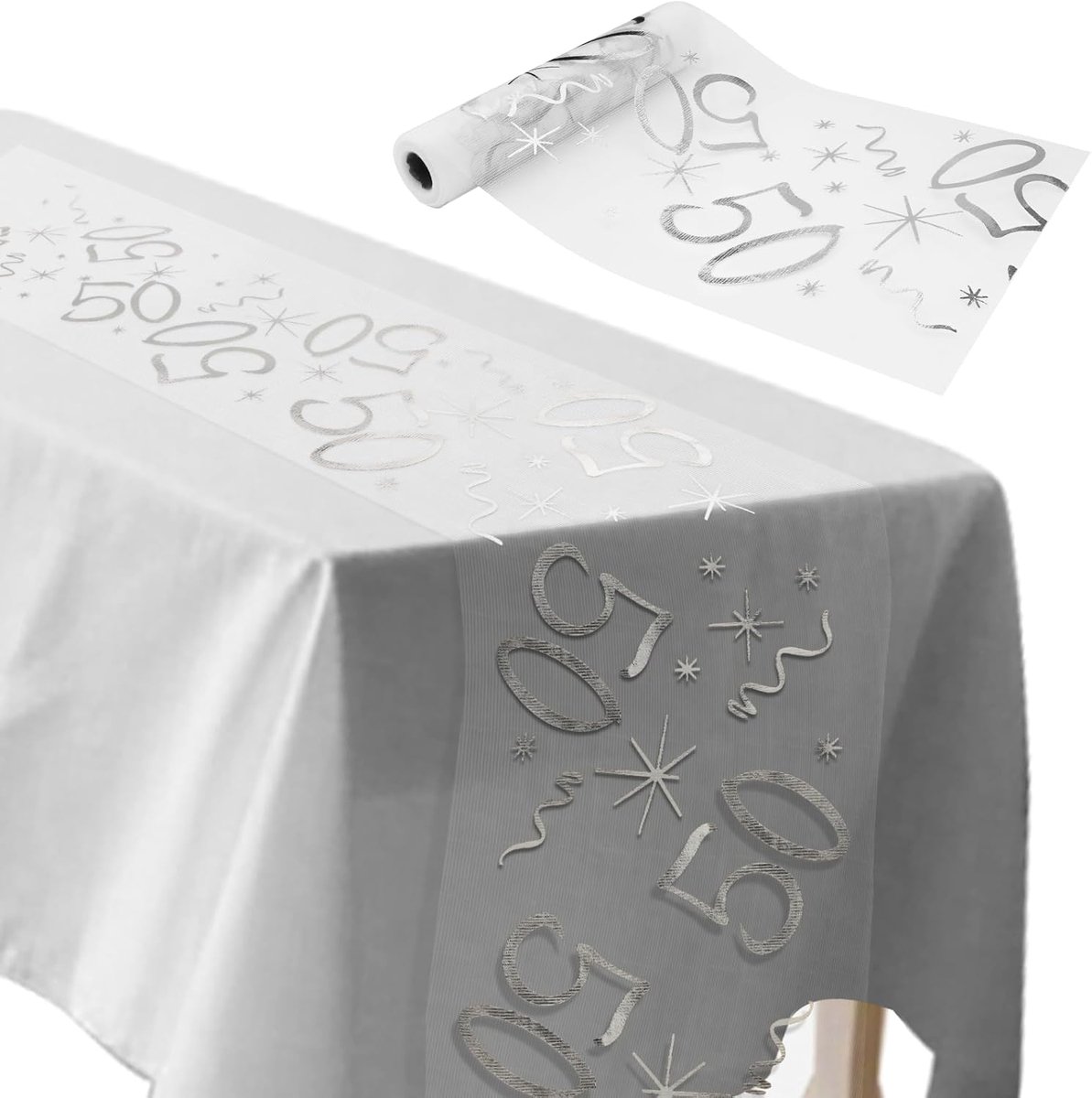 tafelloper 50 verjaardagsdecoratie 28 cm x 10 m tafeldecoratie verjaardag kan worden gesneden tot tafeldecoratie zilver voor mannen en vrouwen voor verjaardagsfeestje jubileumviering