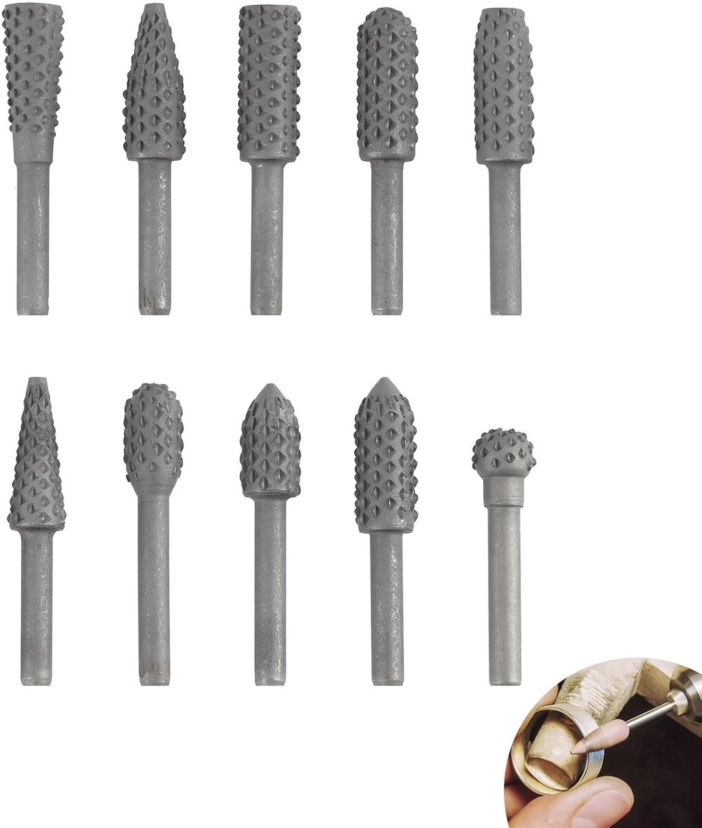 10 stuks houtfrezen voor boormachine, houtboor, roterende raspen van koolstofstaal voor houtbewerking, inclusief kogelfrezen, pen- en conisch, ideaal voor snijden, slijpen en afschuinen
