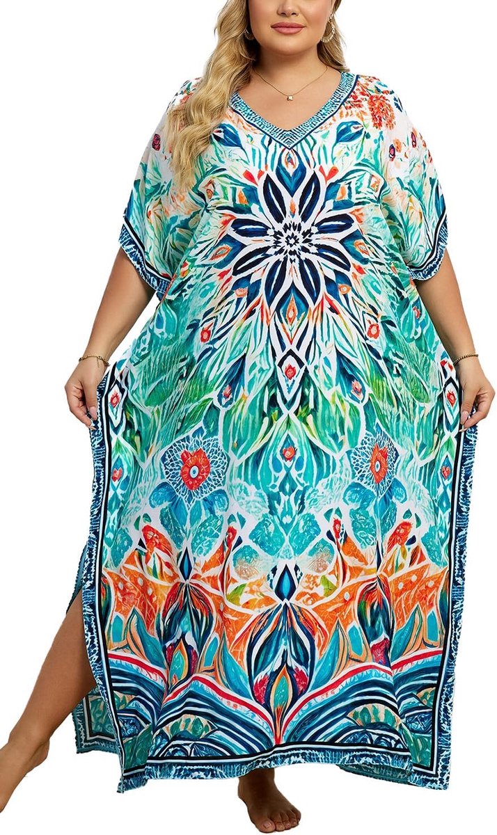 Zomer kaftan maxi lange strandjurk pareo strandhemd badmode bikini cover-ups, lichtgroen, Eén maat